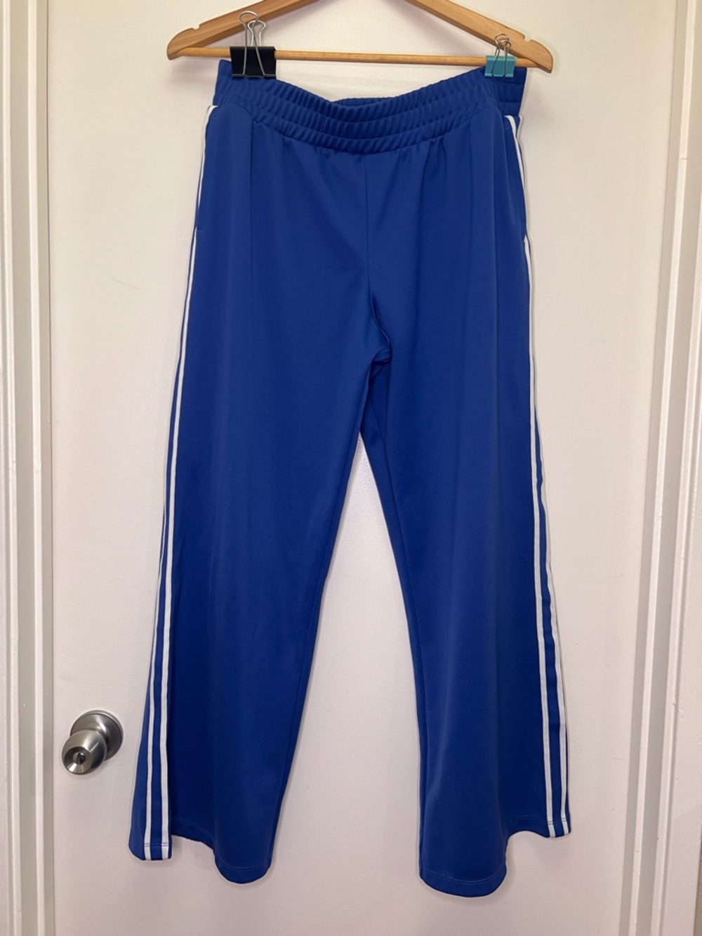Retro Blue Track Pants White Stripe Wide Leg 90s Sporty Chic Athleisure - Picture 2 of 7